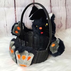 Vintage 90s Halloween Black Cat Witch Plush Stuffed Animal Wicker Candy Basket